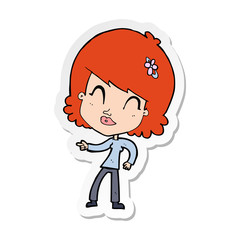 sticker of a cartoon happy woman pointing