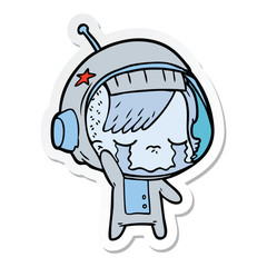 sticker of a cartoon crying astronaut girl waving goodbye