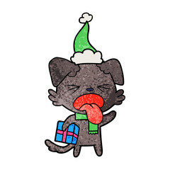 textured cartoon of a disgusted dog with christmas gift wearing santa hat