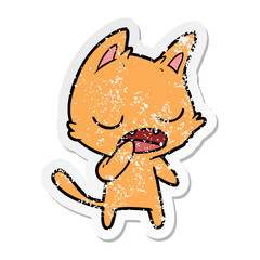 distressed sticker of a talking cat cartoon