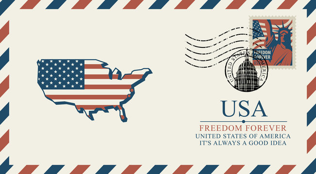 Vector postcard or envelope with a map of USA in colors of the national american flag and inscriptions. Postcard with postmark in form of capitol building and postage stamp with Statue of Liberty.