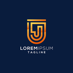 Letter J technology line logo design with gold color