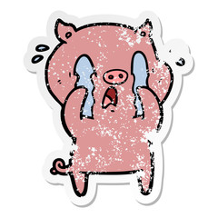 distressed sticker of a crying pig cartoon