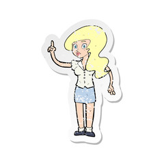 retro distressed sticker of a cartoon pretty woman with idea