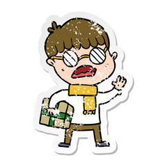 distressed sticker of a cartoon boy holding gift and wearing spectacles
