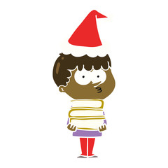 flat color illustration of a curious boy with lots of books wearing santa hat