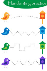 Birds and nesting boxes, spring handwriting practice sheet, kids preschool activity, educational children game, printable worksheet, writing training, vector illustration