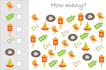 How many counting game withspring pictures for kids, educational maths task for the development of logical thinking, preschool worksheet activity, count and write the result, vector illustration - 253922572