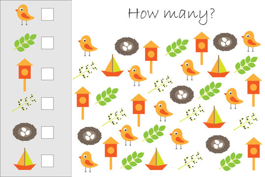 How many counting game withspring pictures for kids, educational maths task for the development of logical thinking, preschool worksheet activity, count and write the result, vector illustration