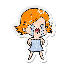 distressed sticker of a cartoon woman crying