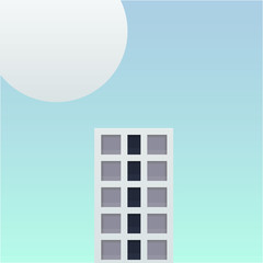 one tall building in the future fantasy world vector illustration. big building and big planet with soft blue sky background design.