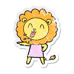 distressed sticker of a happy cartoon lion