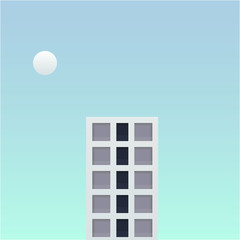one tall building in the future fantasy world vector illustration. big building and small planet with soft blue sky background design.