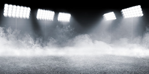 Sports arena with concrete floor with smokes and spotlights - obrazy, fototapety, plakaty
