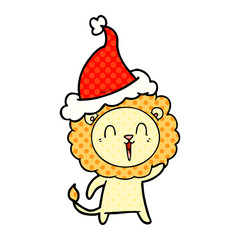 laughing lion comic book style illustration of a wearing santa hat