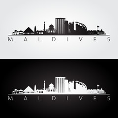 Maldives skyline and landmarks silhouette, black and white design, vector illustration.