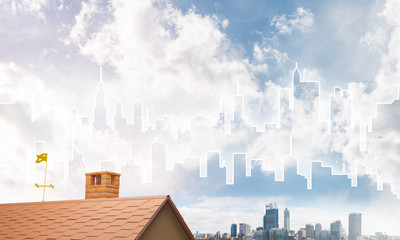 Concept of real estate and construction with drawn silhouette on big city background