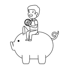 happy young man with piggy savings character