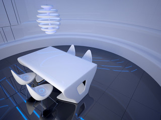 Futuristic dining room interior design. 3D illustration
