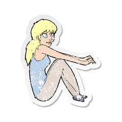 retro distressed sticker of a cartoon happy woman sitting