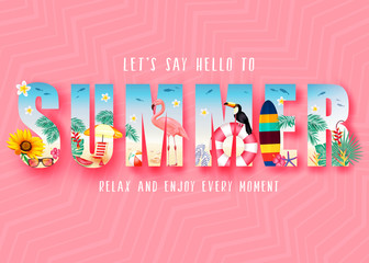 Summer 3D Realistic Stylish Modern Design Banner in Pink Patterned Background with Clipped Tropical Elements like Palm Trees, Sunflower, Beach Ball, Toucan, Flamingo, Umbrella and Bench. Vector 