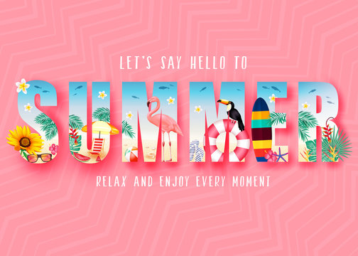 Summer 3D Realistic Stylish Modern Design Banner in Pink Patterned Background with Clipped Tropical Elements like Palm Trees, Sunflower, Beach Ball, Toucan, Flamingo, Umbrella and Bench. Vector 
