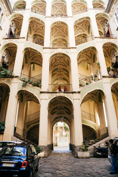 NAPLES, ITALY - JANUARY 17, 2019 - The Spagnolo Palace is a Rococo or late-Baroque-style palace in Rione Sanità in central Naples. It is best known for its elaborate staircase