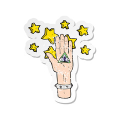 retro distressed sticker of a cartoon mystic eye hand symbol