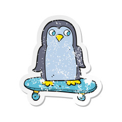 retro distressed sticker of a cartoon penguin riding skateboard