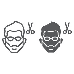 Haircut line and glyph icon, barber and hairstyle, bearded face sign, vector graphics, a linear pattern on a white background.