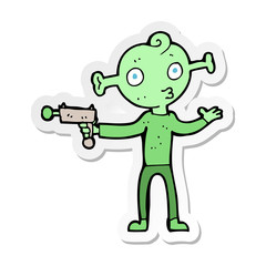 sticker of a cartoon alien with ray gun