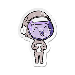 distressed sticker of a happy cartoon astronaut