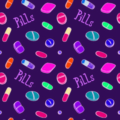 Colorful pills around inscription, hand drawn doodle sketch, illustration, seamless pattern design on dark blue background