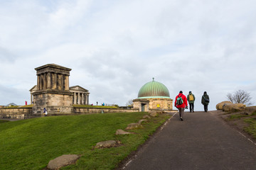 EDINBURGH, SCOTLAND - FEBRUARY 9, 2019 - Calton Hill is at the bottom of Princes Street. On the hilltop are several monuments including the City Observatory