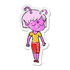 distressed sticker of a cartoon alien girl