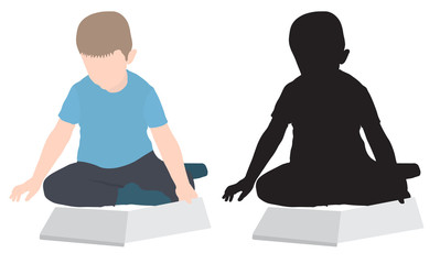 Silhouette of sitting boy looking at book, colored and black, isolated. Vector illustration
