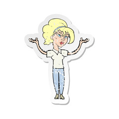 retro distressed sticker of a cartoon woman raising hands in air