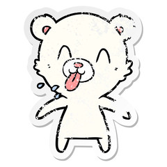 distressed sticker of a rude cartoon polar bear sticking out tongue