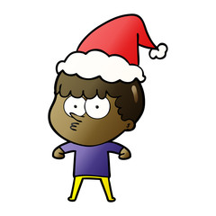 gradient cartoon of a curious boy wearing santa hat