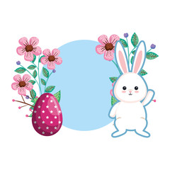 cute rabbit with easter egg painted and circular floral frame