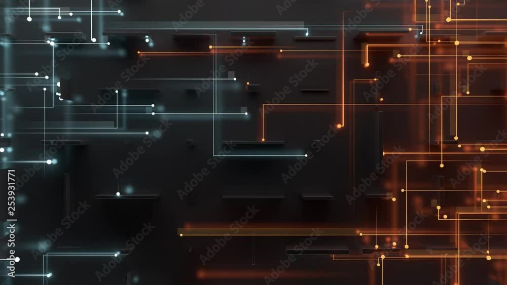 Poster 3d render abstract reflective background with particles that goes to center from the opposite side. 