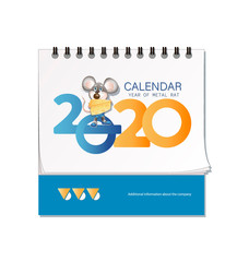 Desk calendar 2020. Mouse with cheese. The symbol of 2020. Colorful calendar with a funny character.