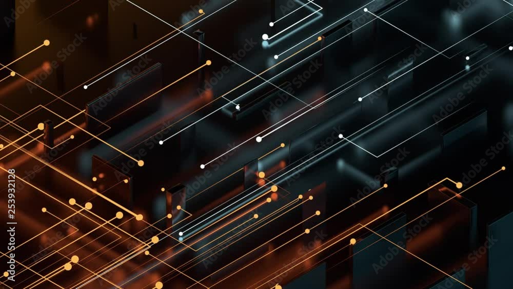 Poster isometric 3d render abstract reflective background with particles that goes to center from the oppos