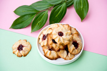 Homemade shortbread with jam. Baku kurabye cookies. The concept of minimalism. Flatley.
