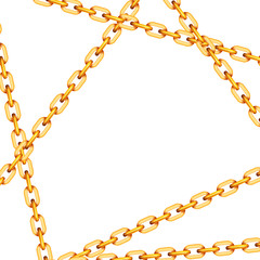 Glossy golden metal crossed chains on white