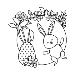 cute rabbit with easter egg painted and circular floral frame
