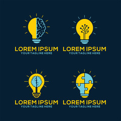 Logo and Icons set with brain, light bulb, Creative idea, mind, nonstandard thinking logo. Isolated on Dark background