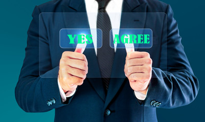 Businessman touching check virtual button. Concept of business decision  yes and agree