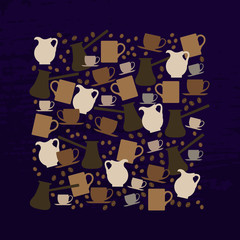 Vector_illustration with coffee and coffee dishes and grains; perfect for menu, flyers, cards, posters, stickers, certificates, banners, websites of shops and cafes, for print on fabric or on paper.