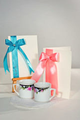 Invitation to the wedding handmade. Paper postcards with stamping on paper. Multicolored decorations.